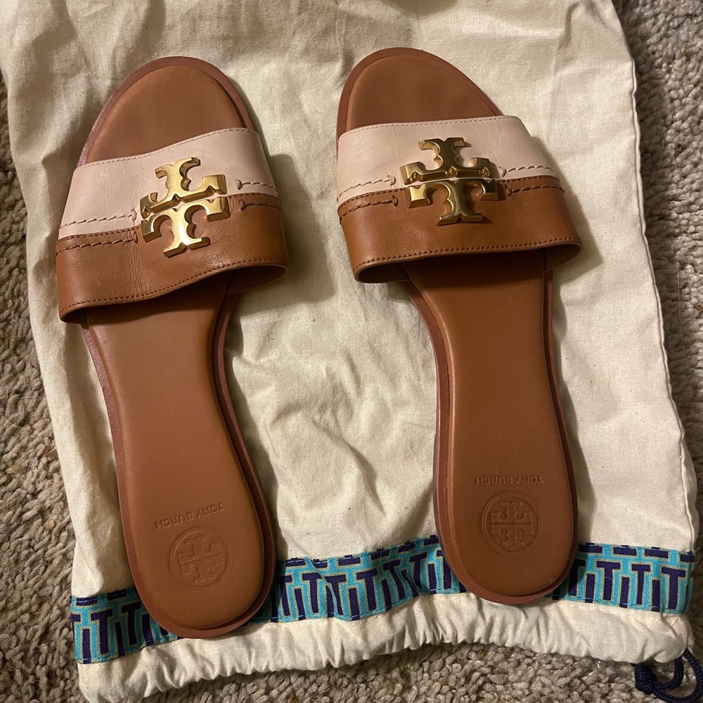 Tori Burch Slide Sandals Pink and Camel with golden hardware